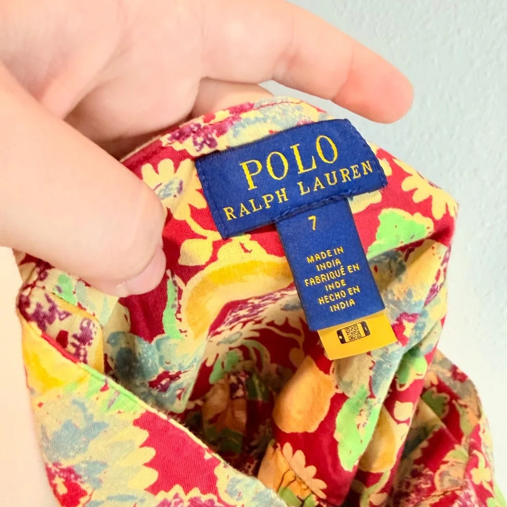 Polo Ralph Lauren Girls Red Floral Lemon Print Sun Dress Size 7 Button Front